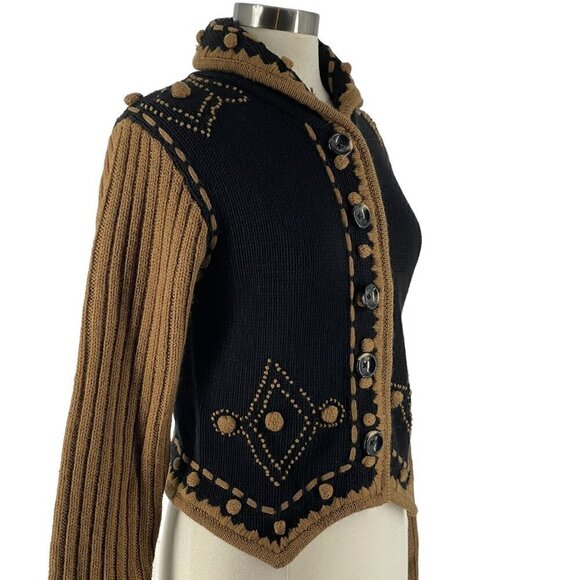 NWT Vintage Dead Stock Hand Embroidered Mixed Knit Bobble Black Tan Cardigan S - Picture 4 of 12